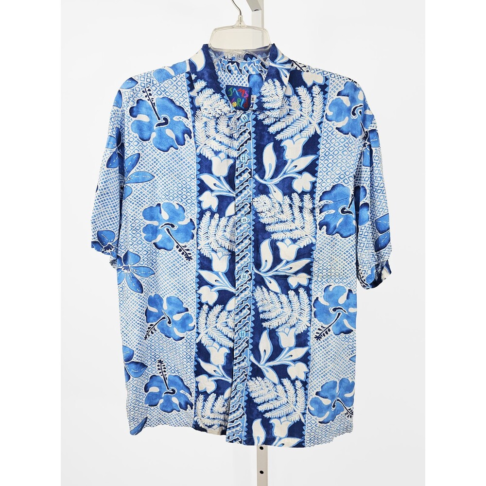 Vintage Jams World Medium Blue White Tahiti Hawaiian Short Sleeve Shirt